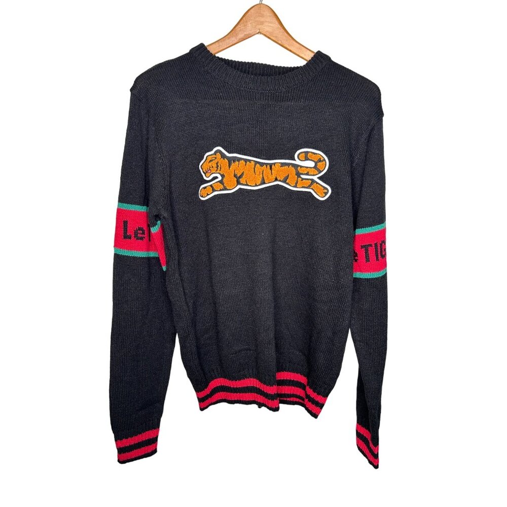 Le Tigre Mens Medium Black Knit Sweater Embroidered Tiger Patch Spell Out New